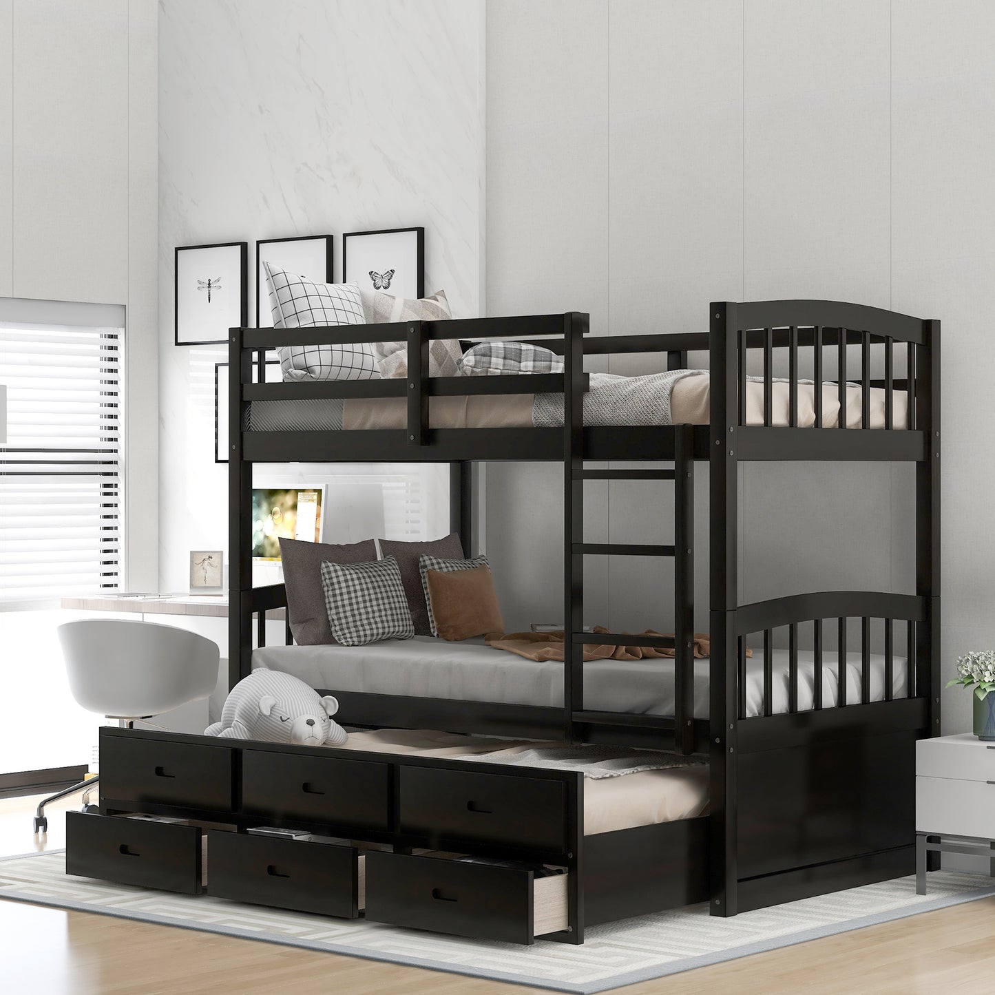 twin over twin wood bunk bed with trundle and drawers,white