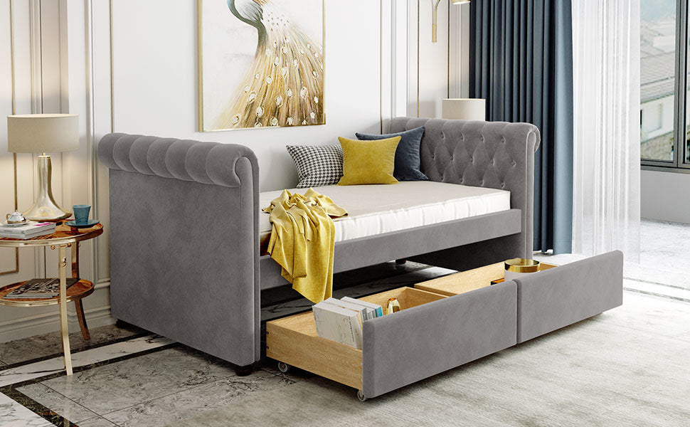 sara upholstered bed with drawers, gray