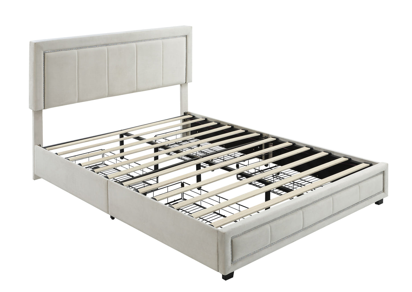 upholstered queen size platform bed with led lights, storage bed with 4 drawers, beige