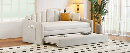 Upholstered Velvet Bed with USB Charging Ports, Beige