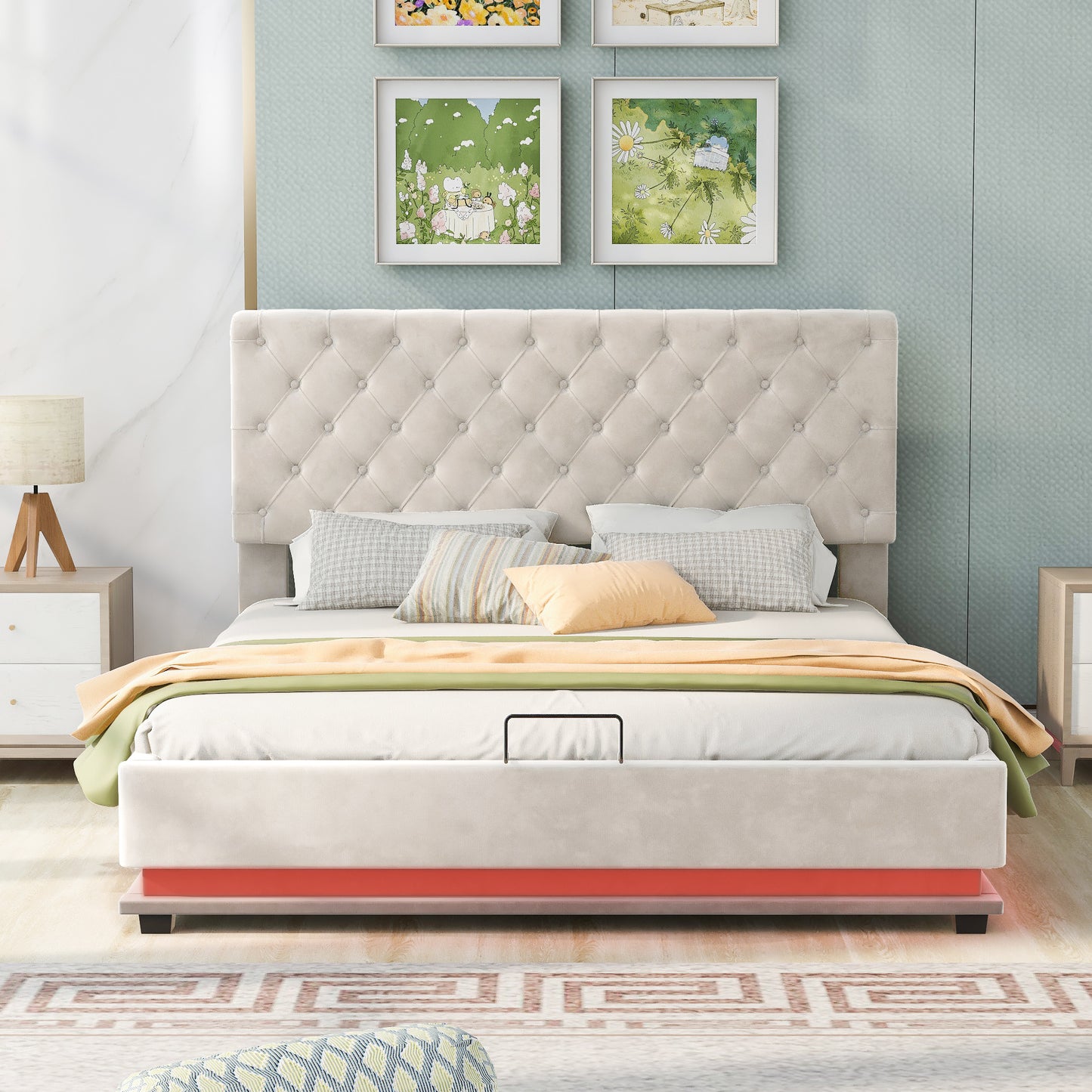 upholstered platform bed with adjustable tufted headboard and led light, beige