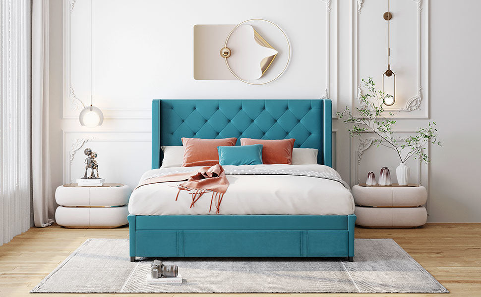 modern velvet upholstered platform bed with wingback headboard and a big drawer