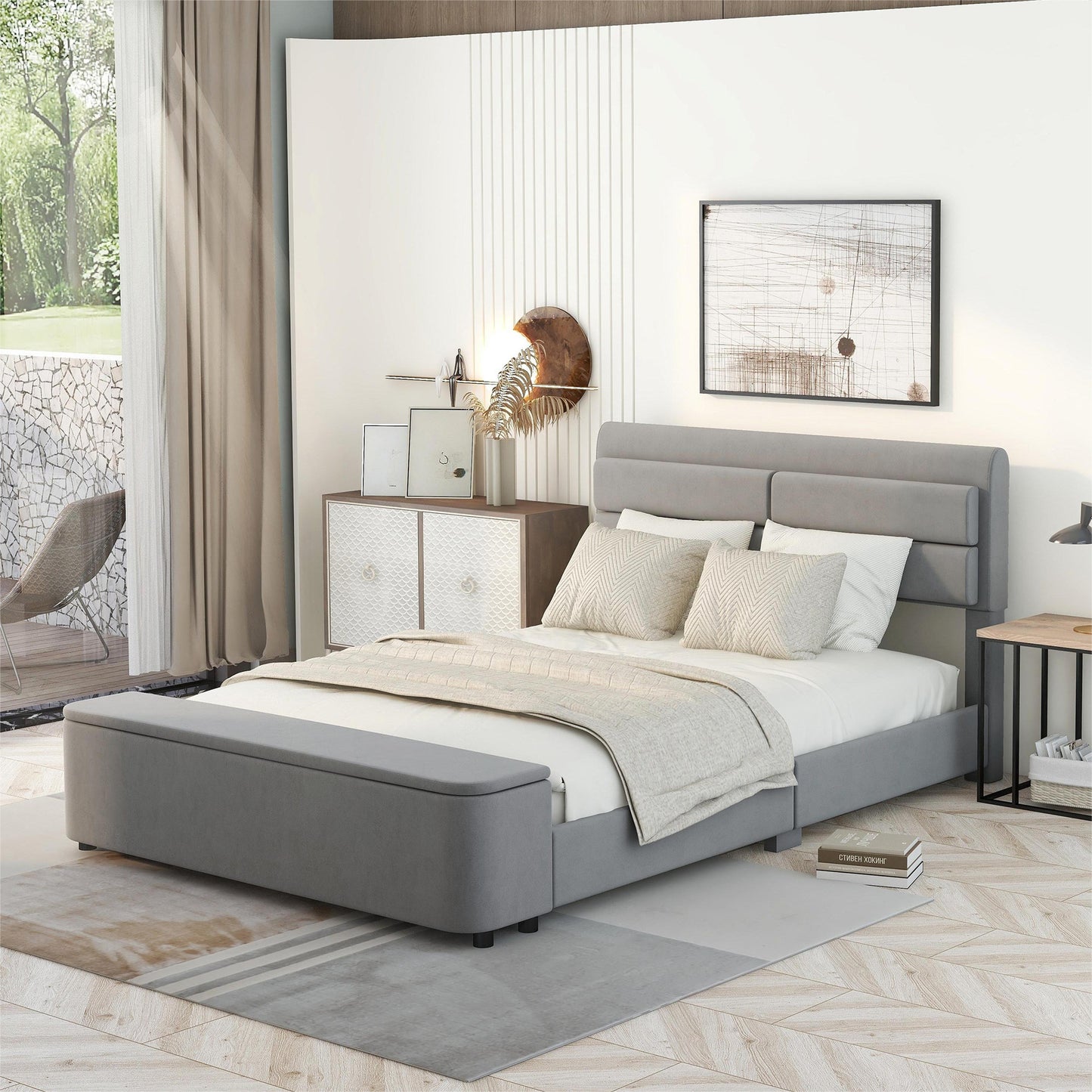 retro upholstery bed with storage headboard