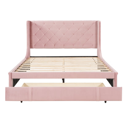 Modern Velvet Upholstered Platform Bed with Wingback Headboard and a Big Drawer