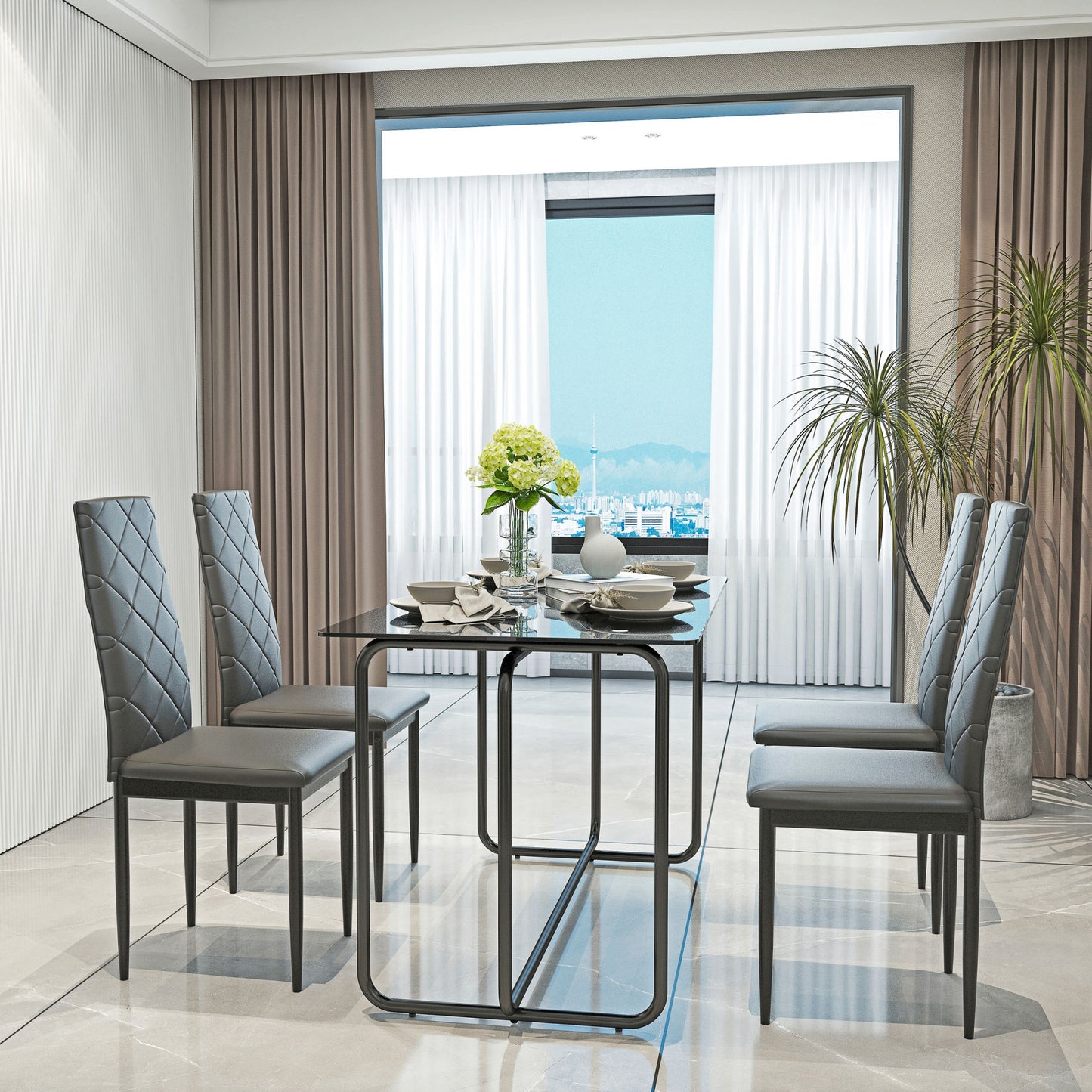 5-piece rectangle dining table set -tempered glass, black
