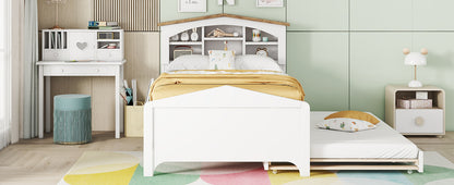 House-shaped Bed with Storage Headboard and Trundle, White