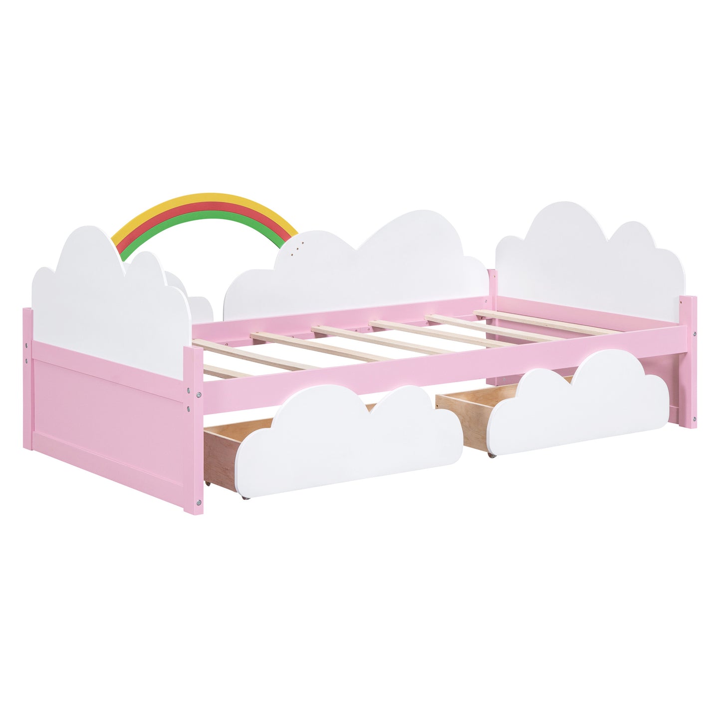 twin size bed with clouds and rainbow decor