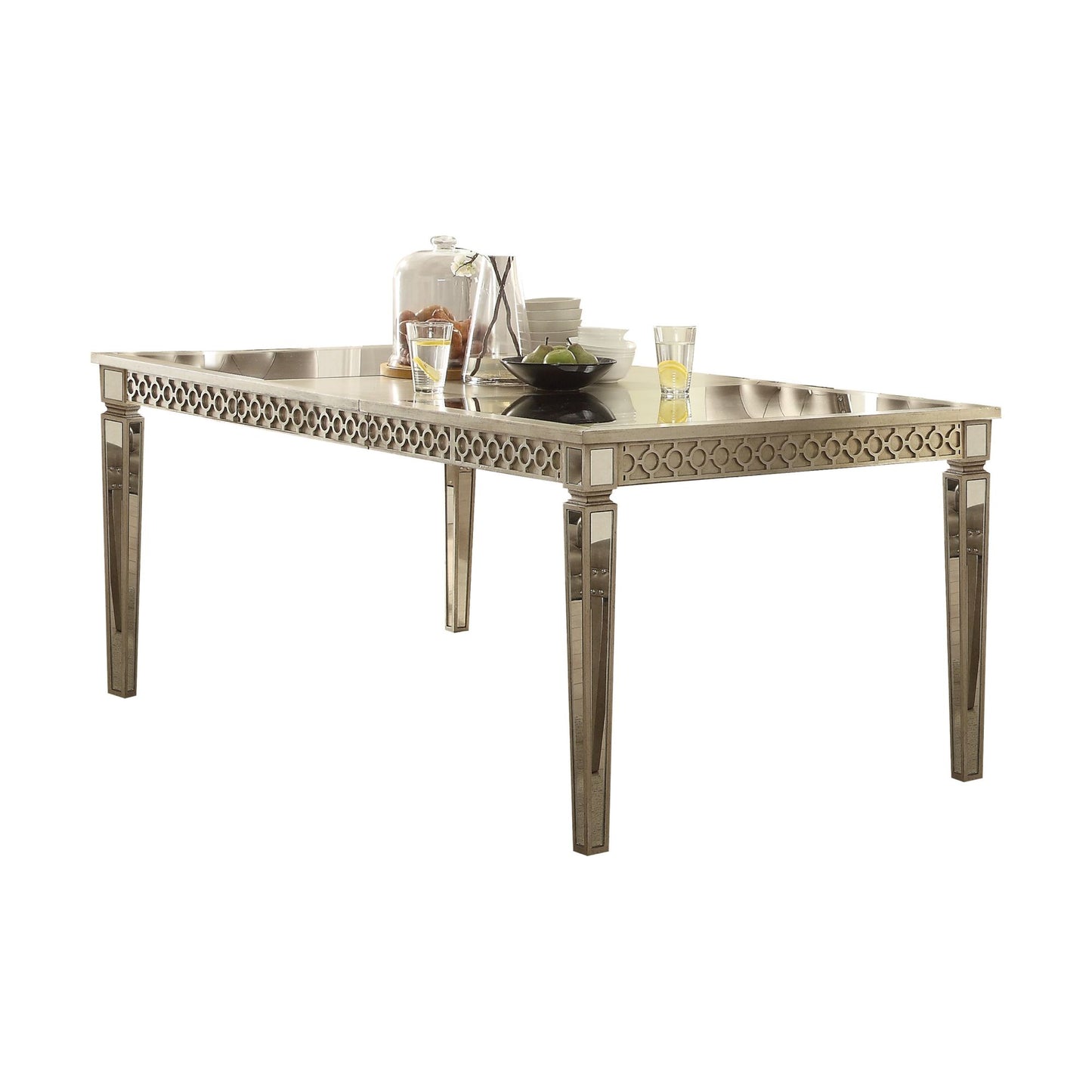 acme kacela dining table in mirror & champagne