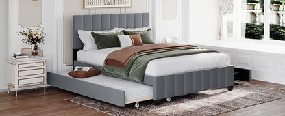Elegant Velvet Upholstered Platform Bed with 2 Drawers and 1 Twin XL Trundle- Gray