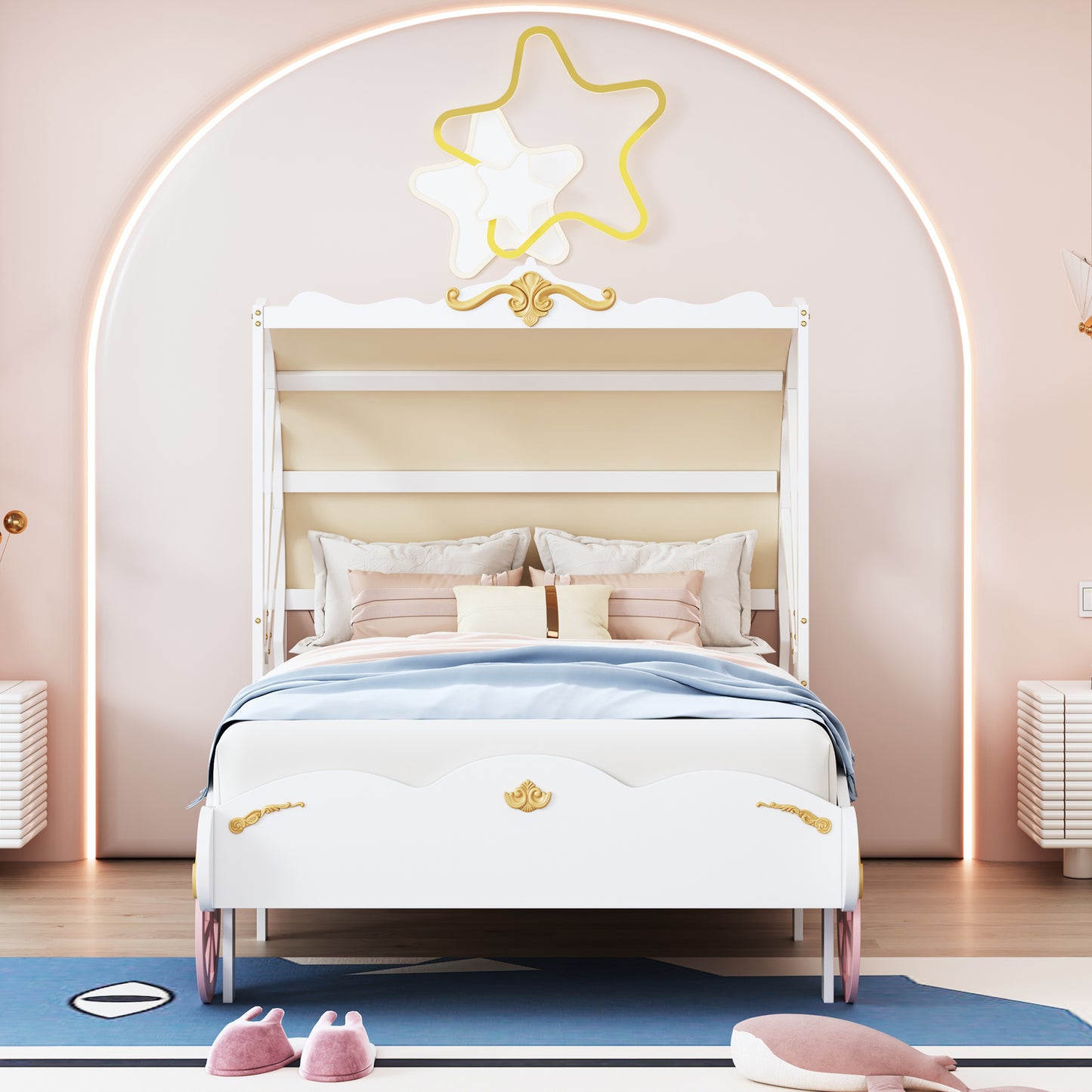 princess carriage bed with canopy, white+pink+gold