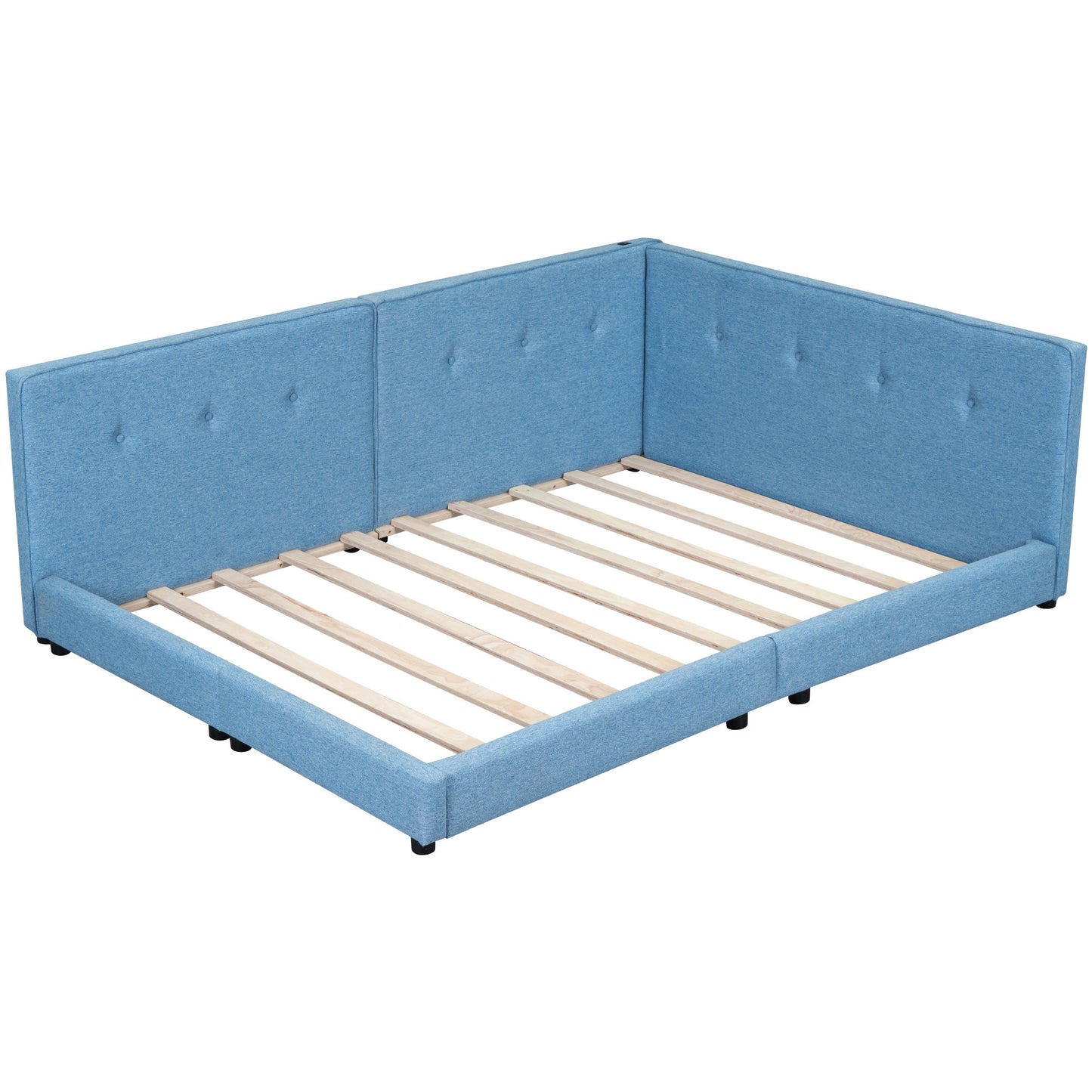 upholstered queen size platform bed with usb ports, blue