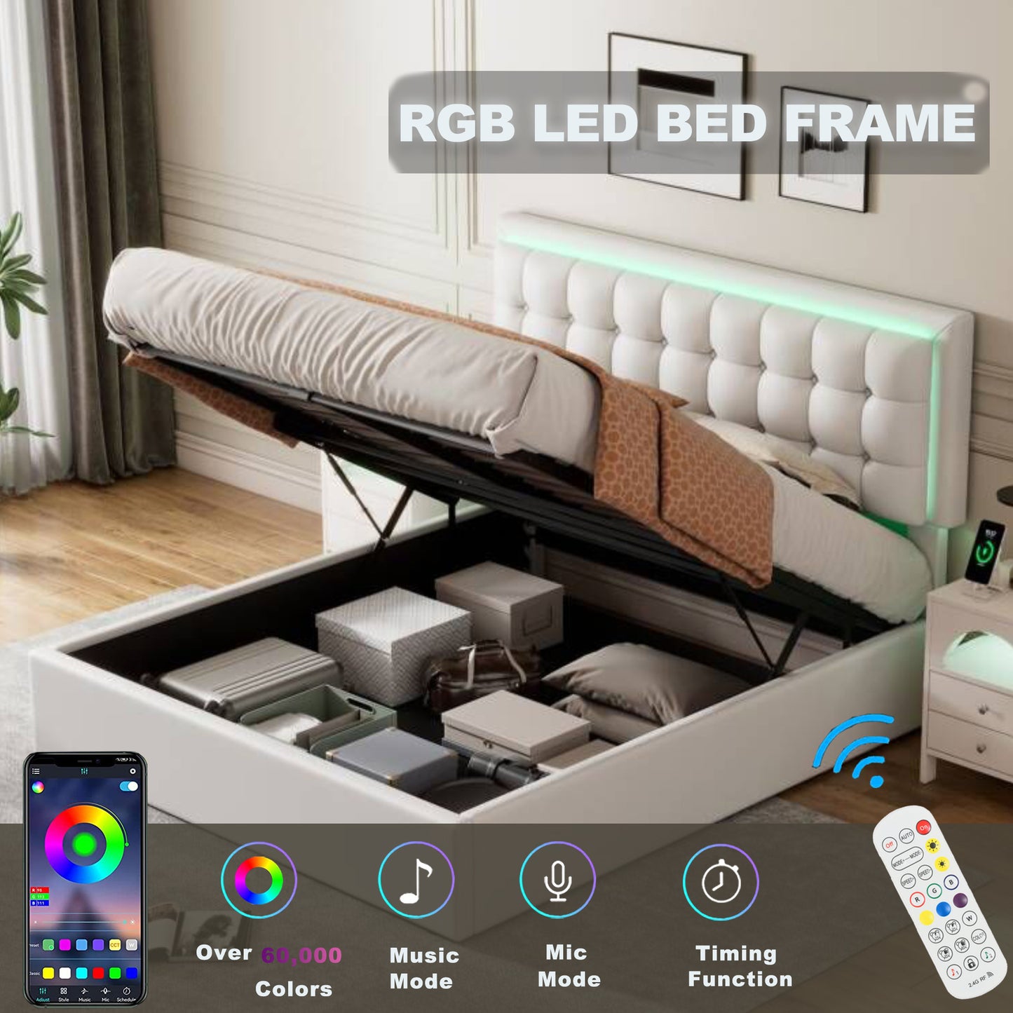 tufted upholstered platform bed with hydraulic storage system & pu storage bed with led lights
