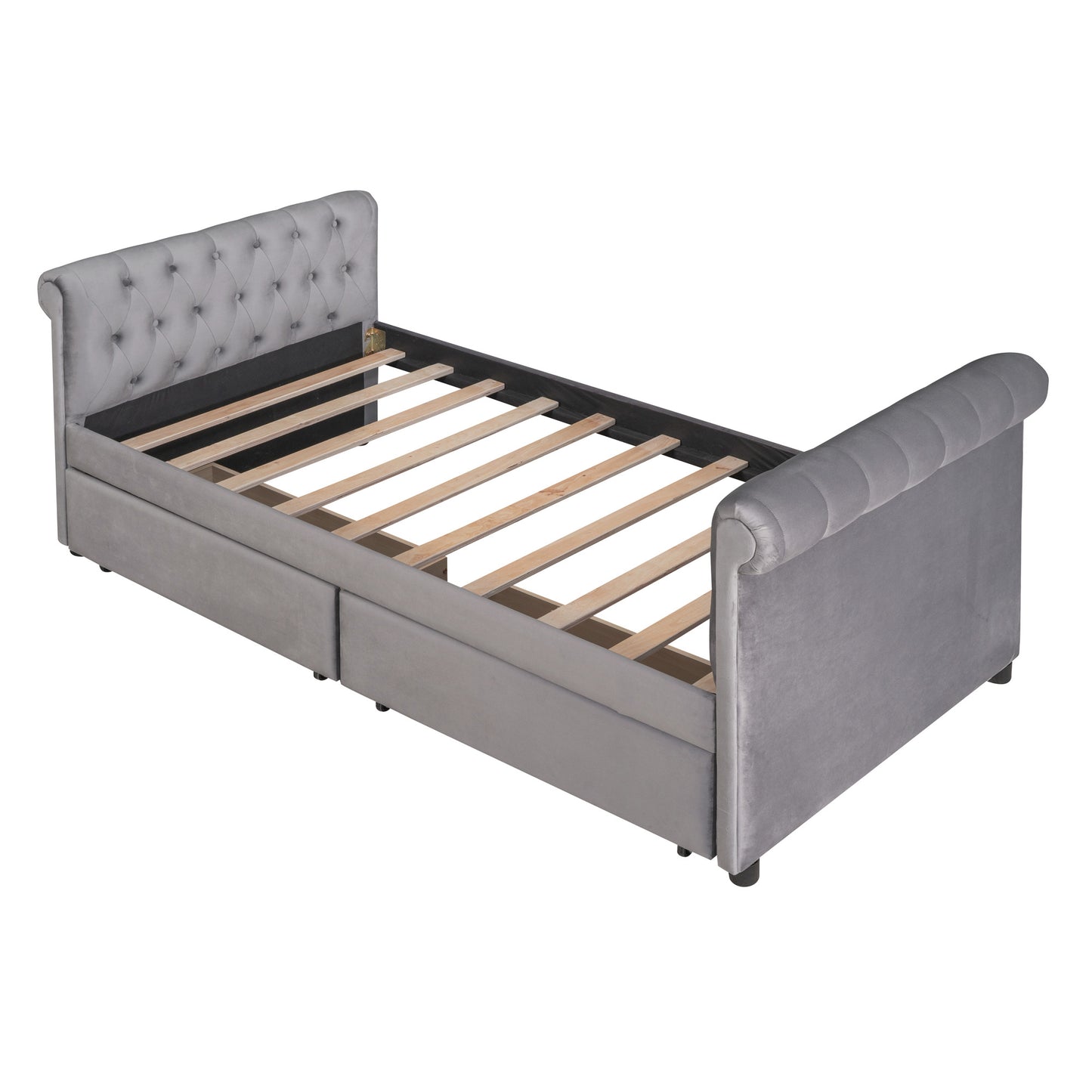 sara upholstered bed with drawers, gray