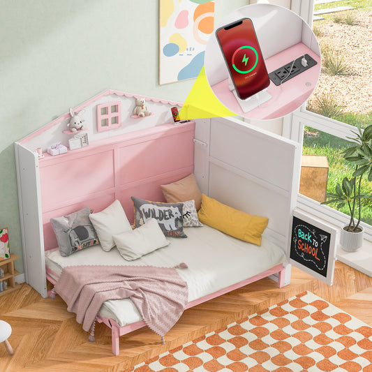 House Murphy Bed with USB, Storage Shelves and Blackboard, Pink+White