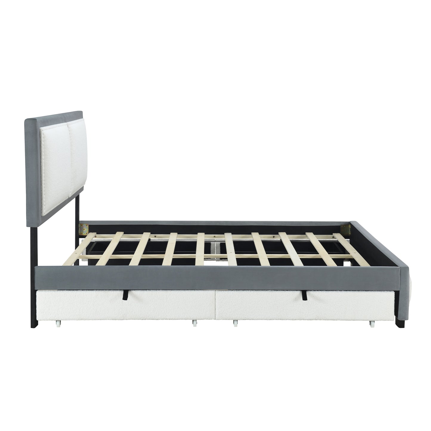 teddy upholstered platform bed with large rivet-decorated backrests and 4 drawers, velvet gray+white