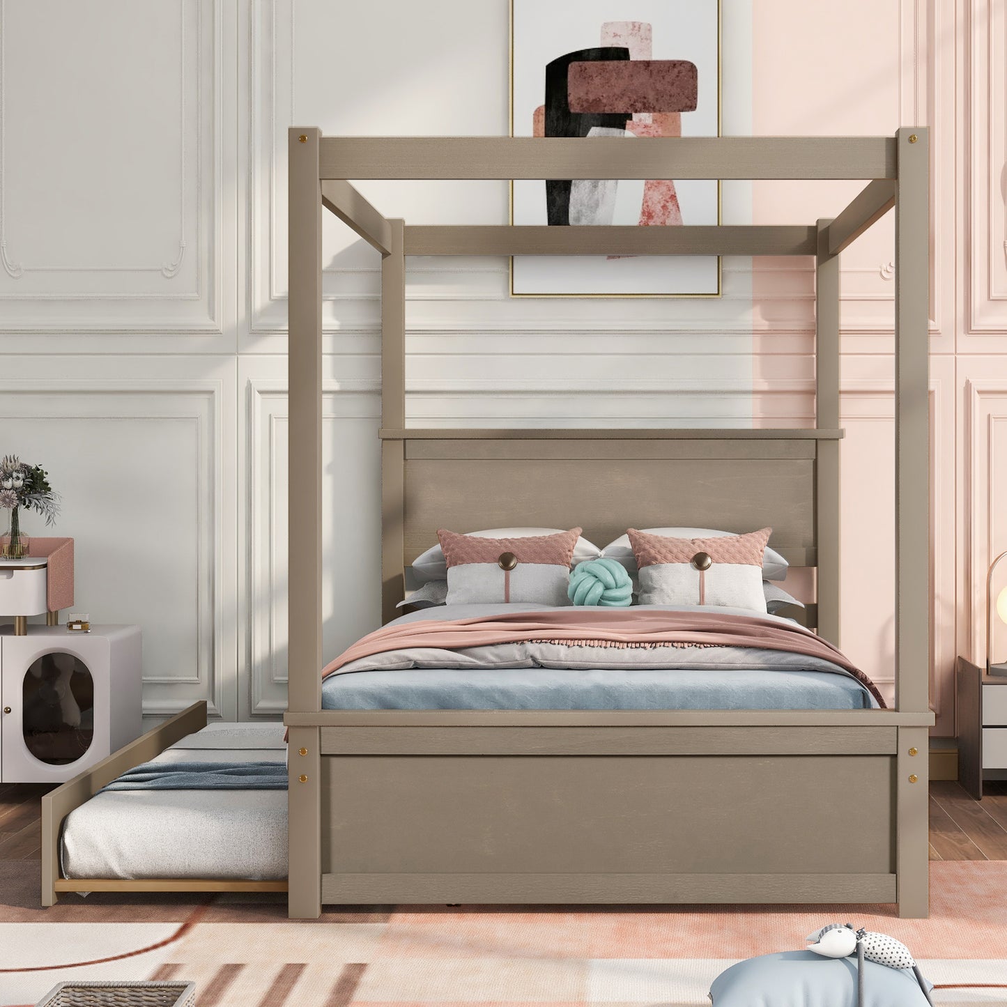wood canopy bed with trundle