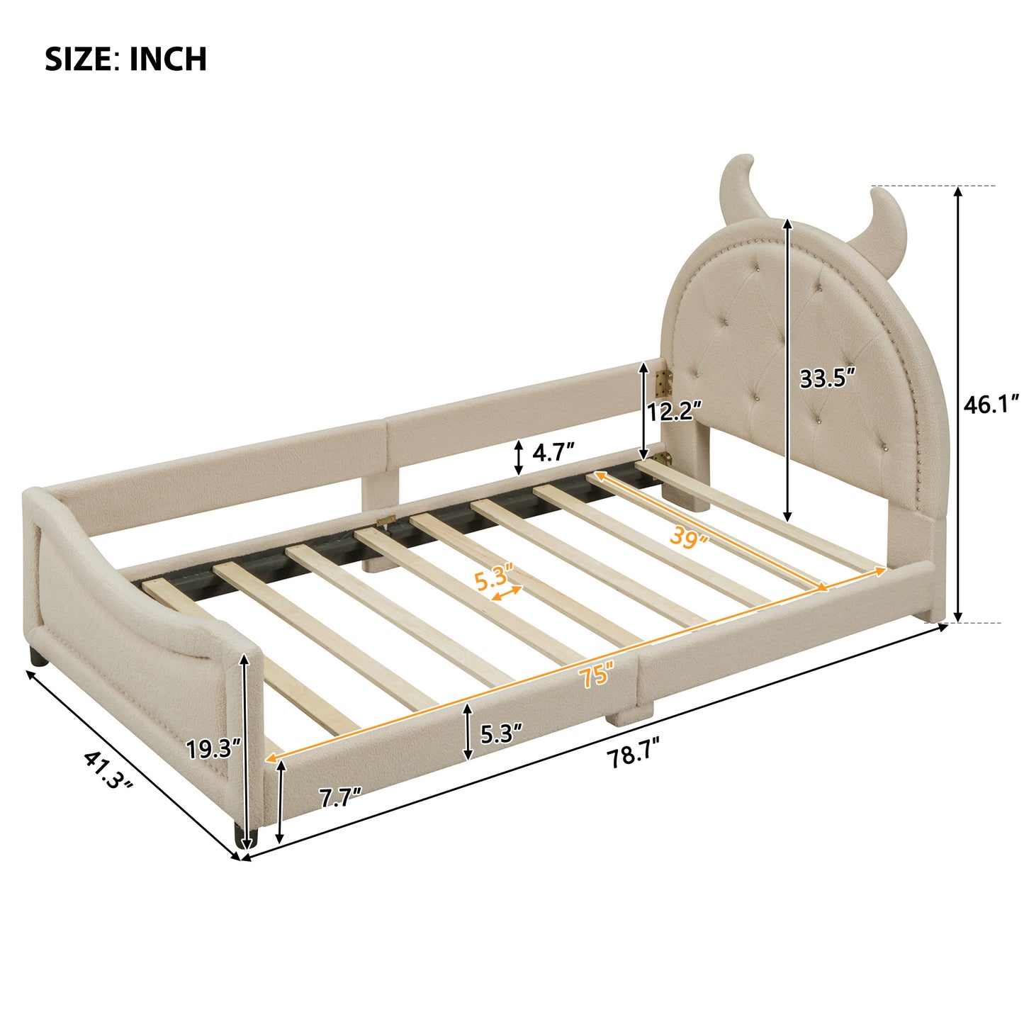 teddy fleece upholstered daybed with ox horn shaped headboard, beige