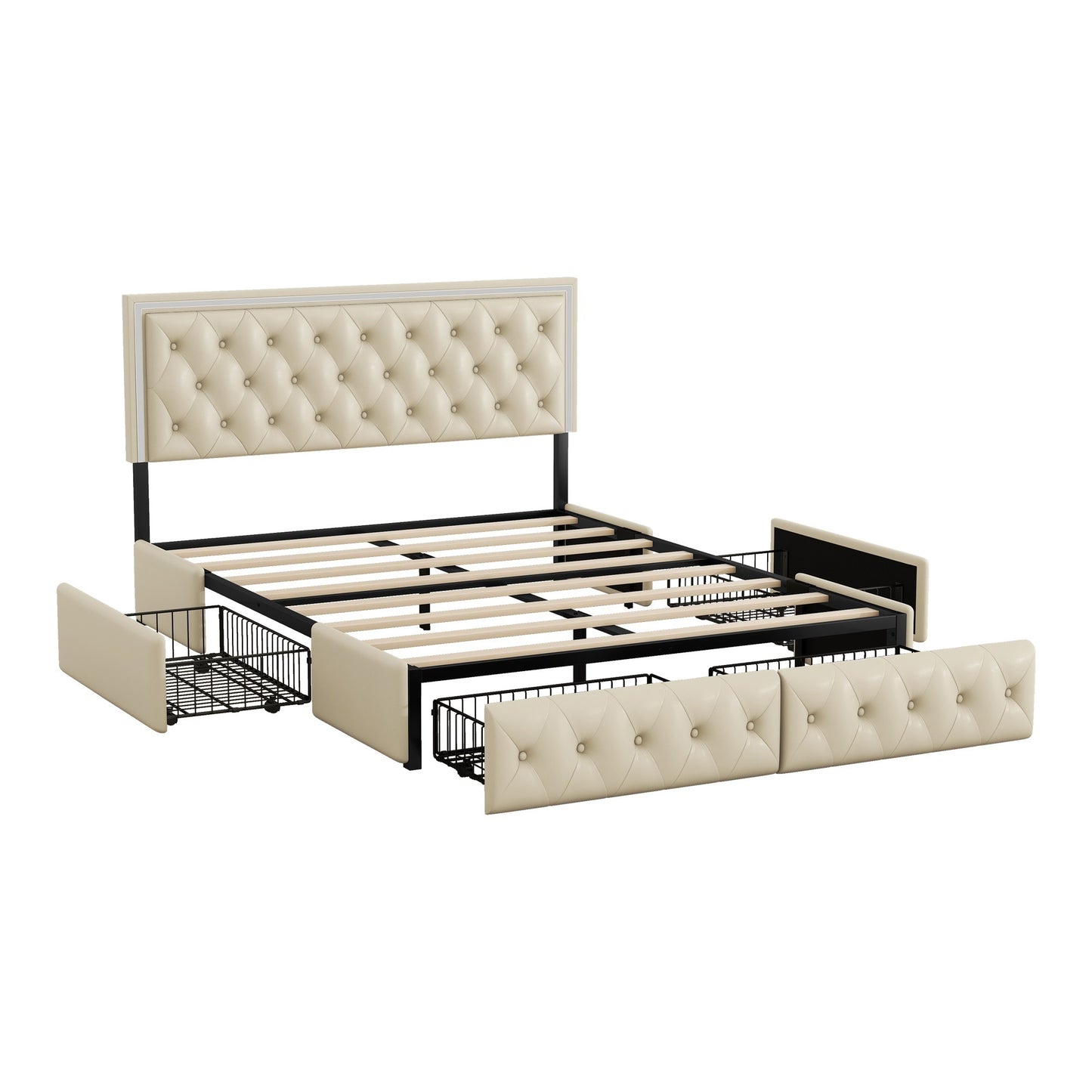 upholstered leather led headboard bed frame with 4 storage drawers, beige