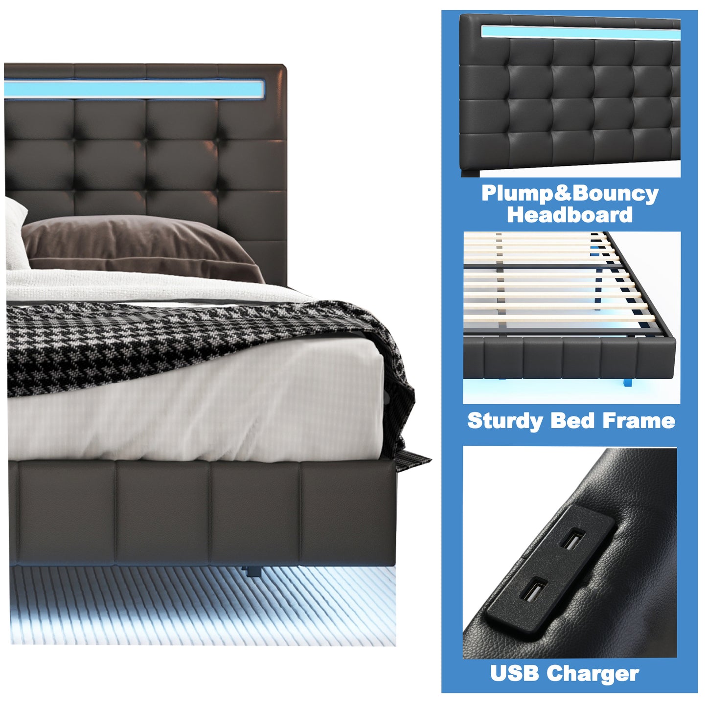 floating bed frame with led lights and usb charging #5