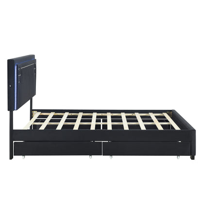 Upholstered Platform Bed with Rivet-decorated Headboard, LED bed frame and 4 Drawers, Black