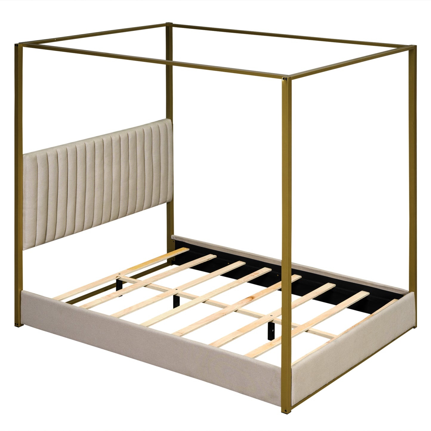queen size upholstery canopy platform bed with headboard and metal frame, beige