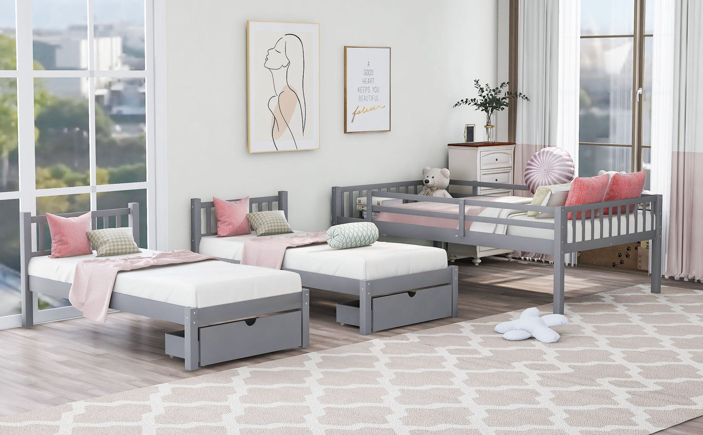 triple bunk bed with drawers and guardrails, gray