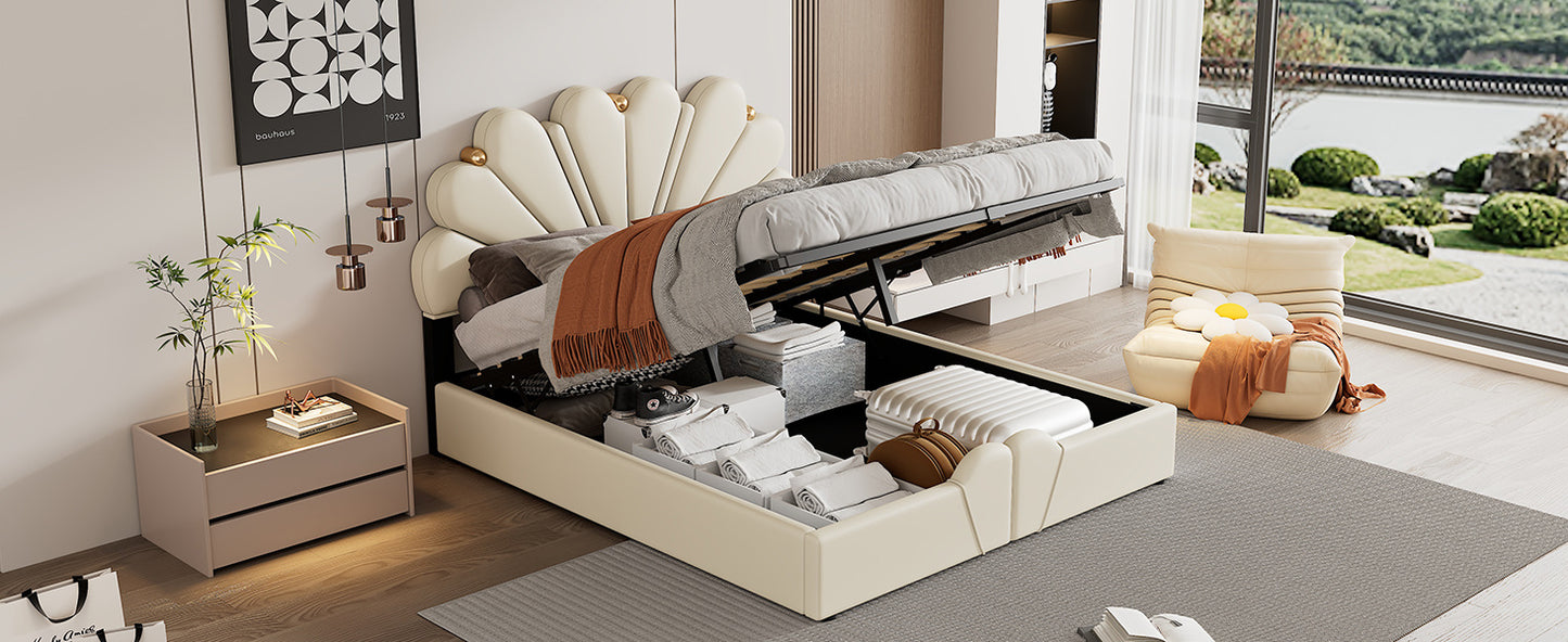 upholstered petal shaped platform bed with hydraulic storage system, pu storage bed, beige