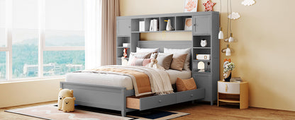 Wooden Bed With All-in-One Cabinet and Shelf