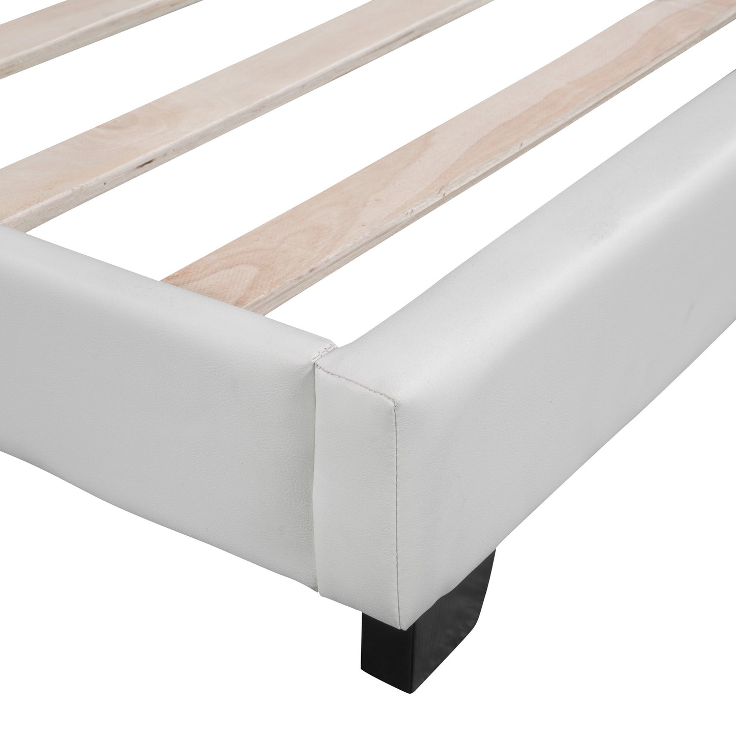 twin size upholstered leather platform bed with rabbit ornament, white