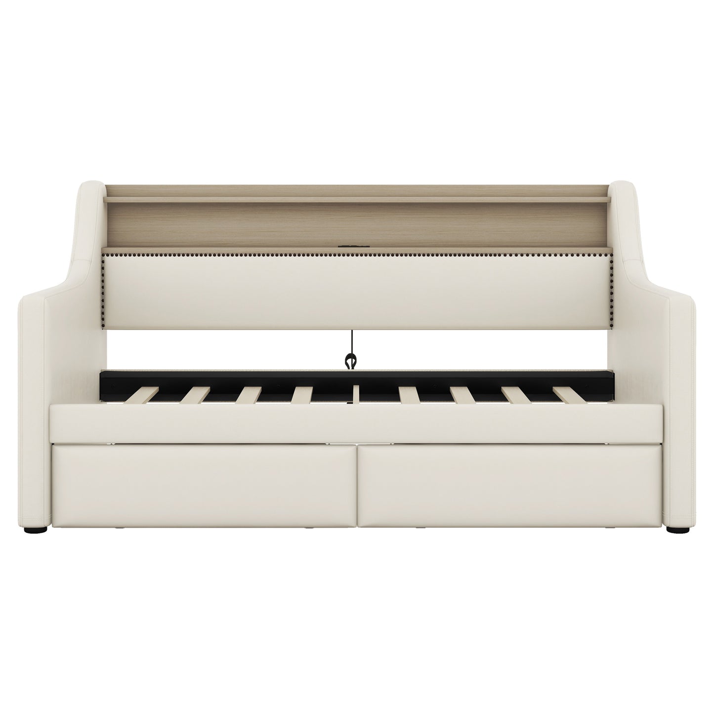 upholstered bed with charging station and led lights, beige