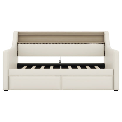 Upholstered Bed with Charging Station and LED Lights, Beige