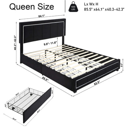Upholstered Queen Size Platform Bed with LED Lights, Storage Bed with 4 Drawers, Black