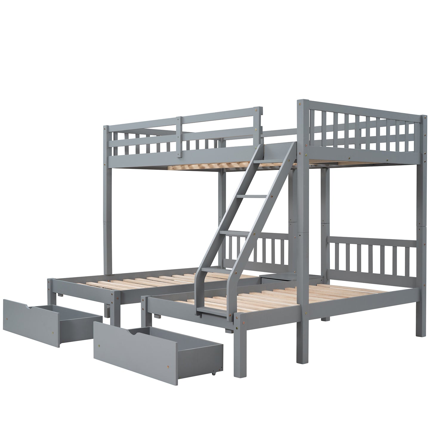 triple bunk bed with drawers and guardrails, gray