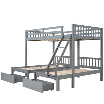 Triple Bunk Bed with Drawers and Guardrails, Gray