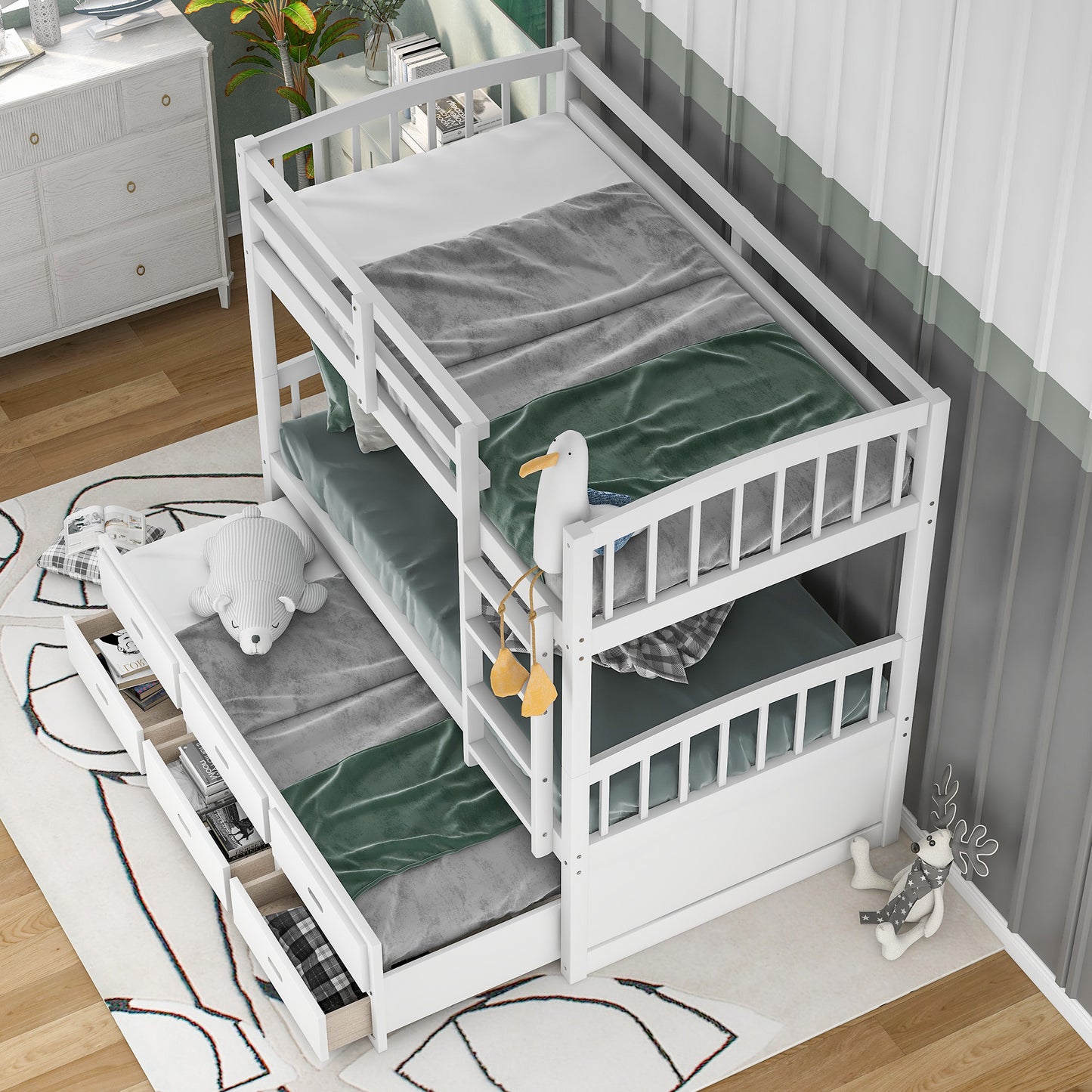 twin over twin wood bunk bed with trundle and drawers,white