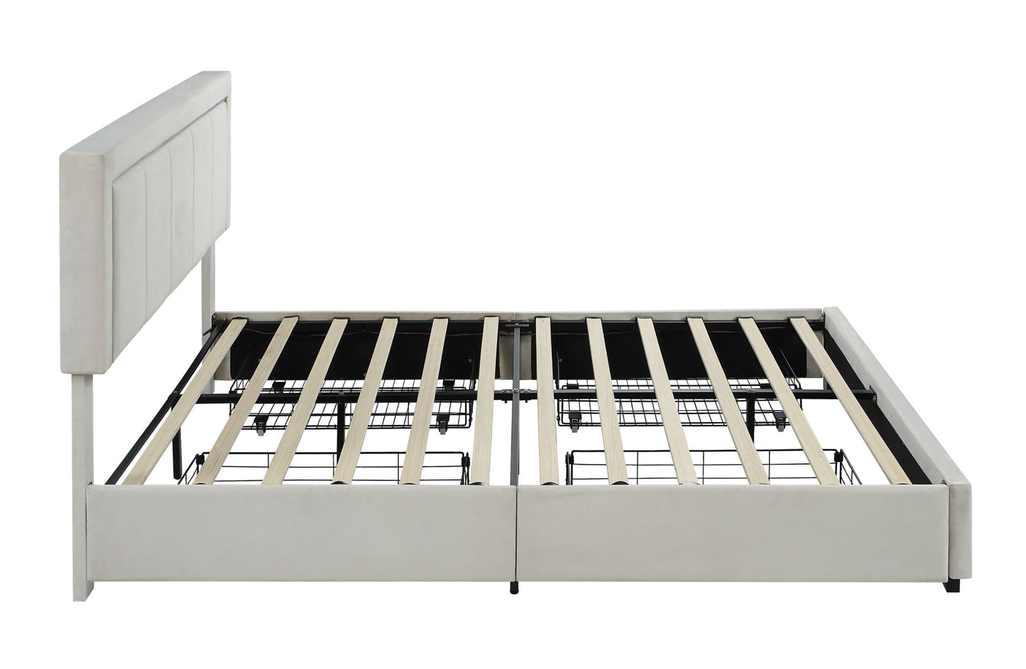 upholstered queen size platform bed with led lights, storage bed with 4 drawers, beige