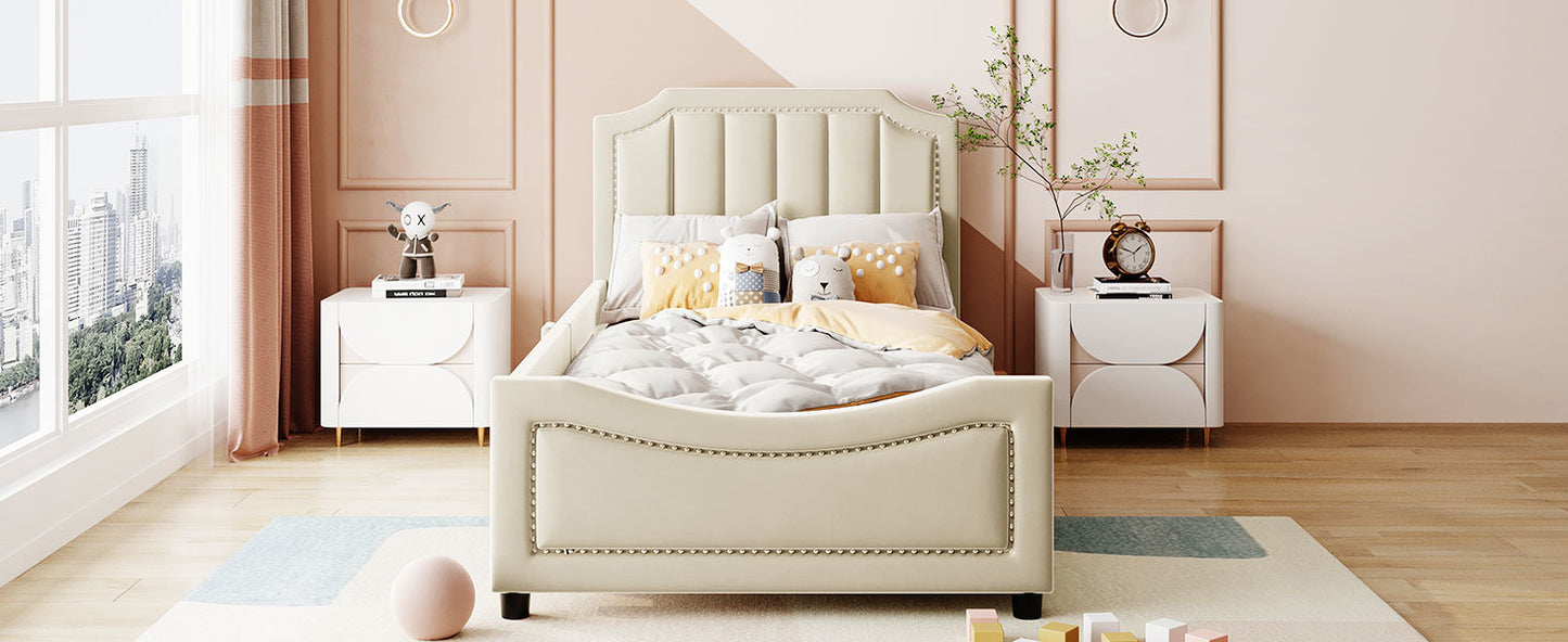 maya upholstered bed with classic stripe shaped headboard, beige