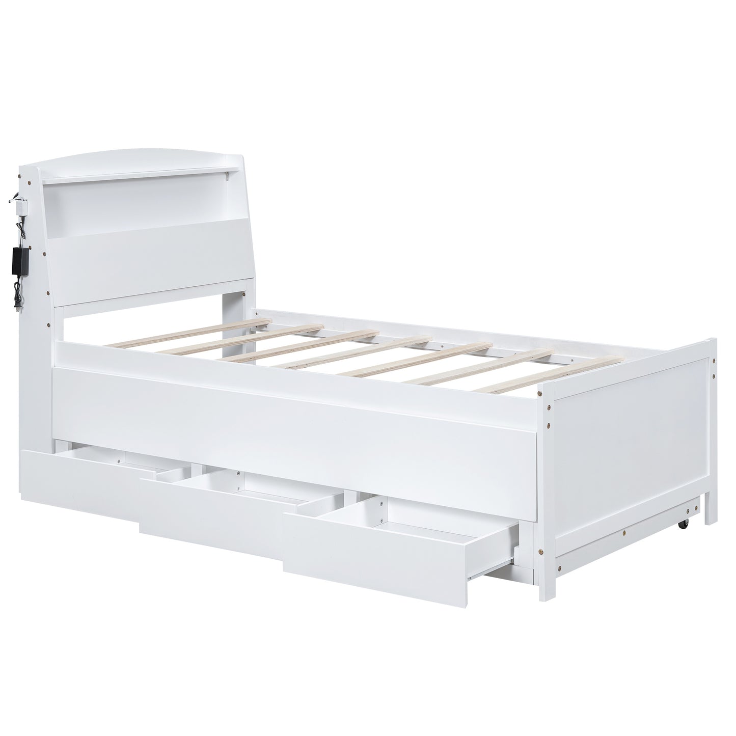 platform bed with storage led headboard, twin size trundle and 3 drawers, white