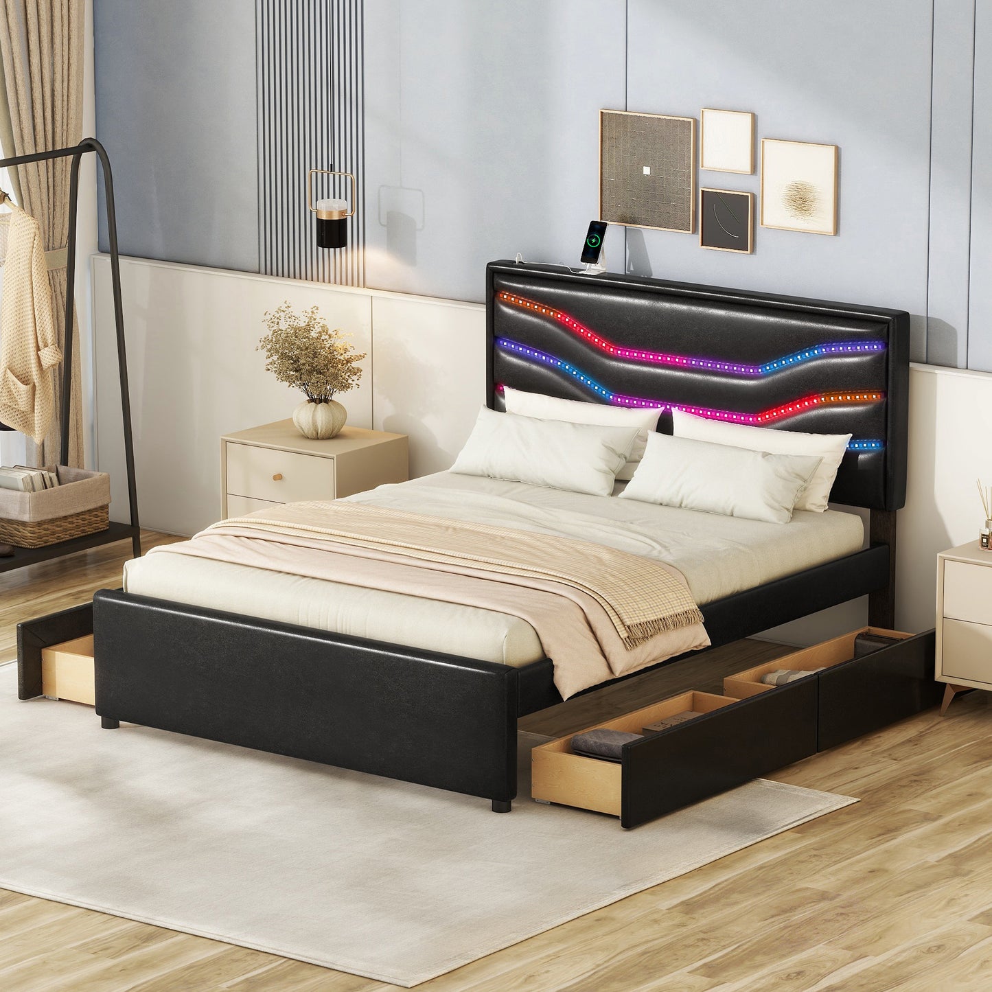retro upholstered storage platform bed with led, 4 drawers and usb charging, black
