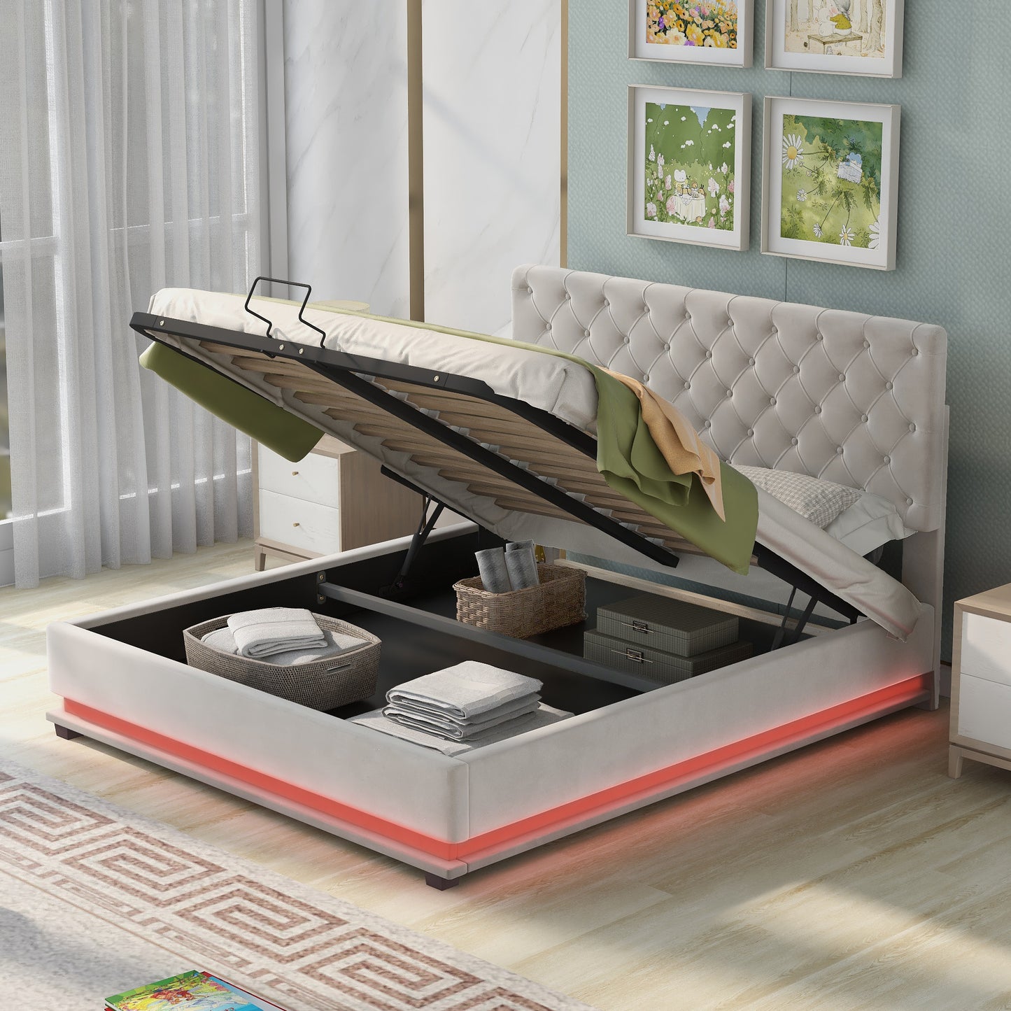kaylie upholstered platform bed with storage & adjustable tufted headboard and led light