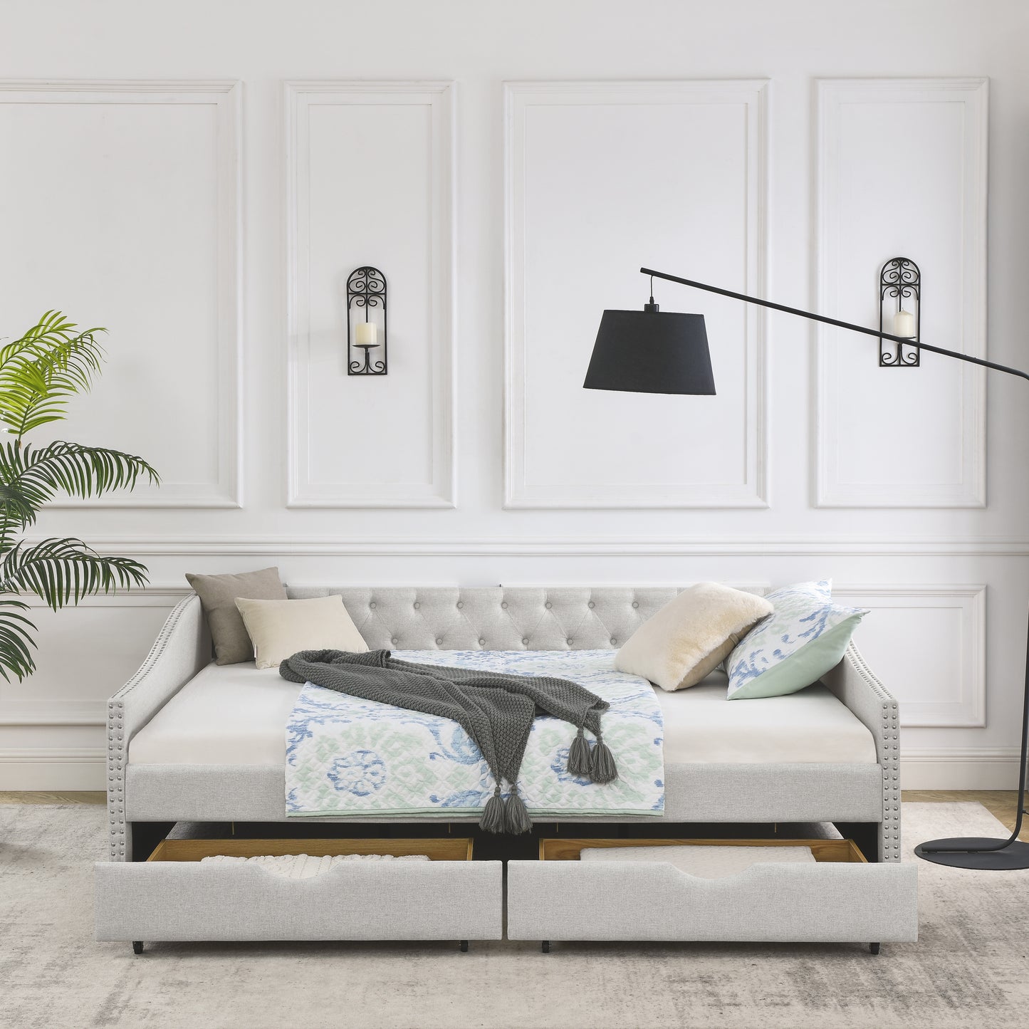 upholstered tufted daybed sofa bed  with drawers, beige