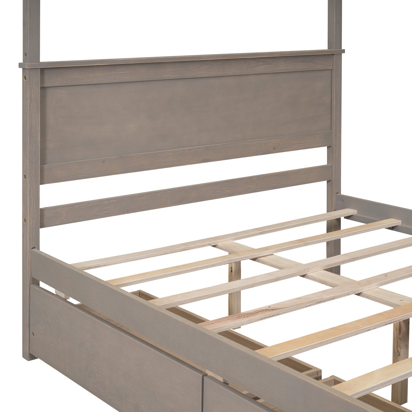 wood canopy bed with two drawers, light brown