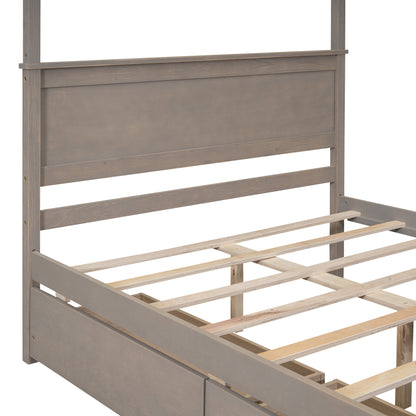 Wood Canopy Bed with two Drawers, Light Brown