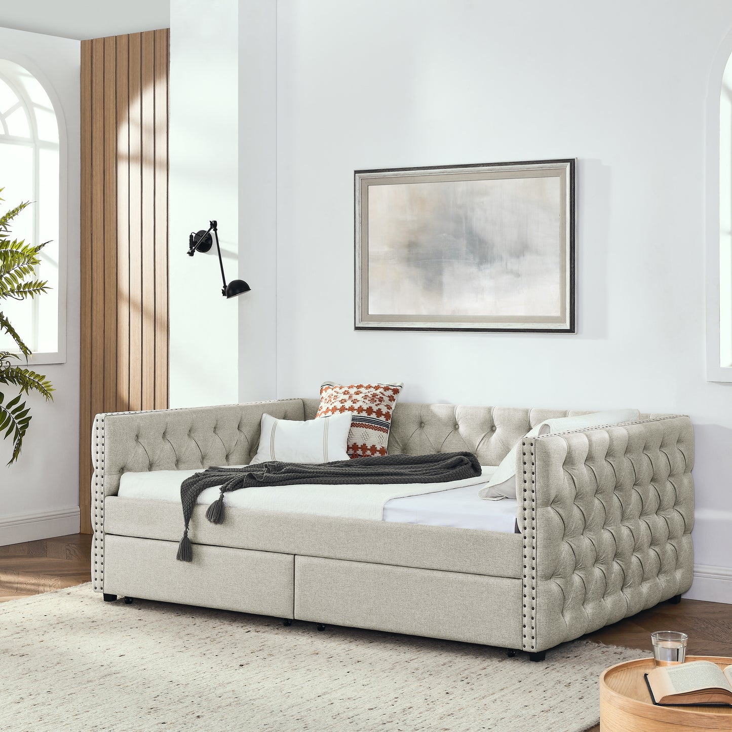 upholstered full size bed with two drawers, beige