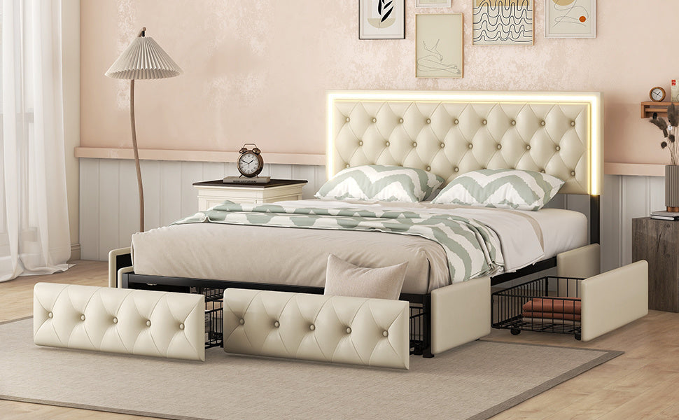 upholstered leather led headboard bed frame with 4 storage drawers, beige