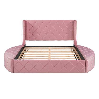 Upholstered Velvet Platform Bed with Wingback Headboard and 1 Big Drawer; 2 Side Storage Stool