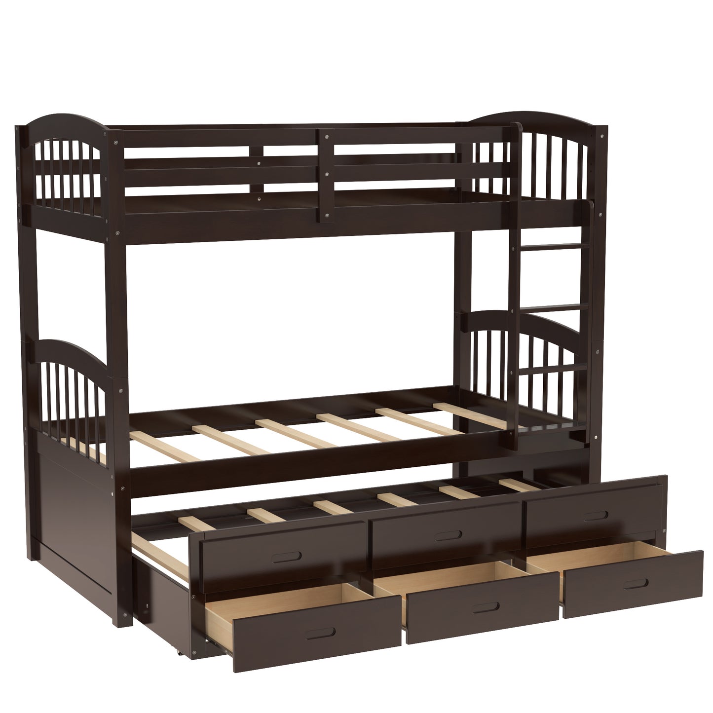 twin over twin wood bunk bed with trundle and drawers,white