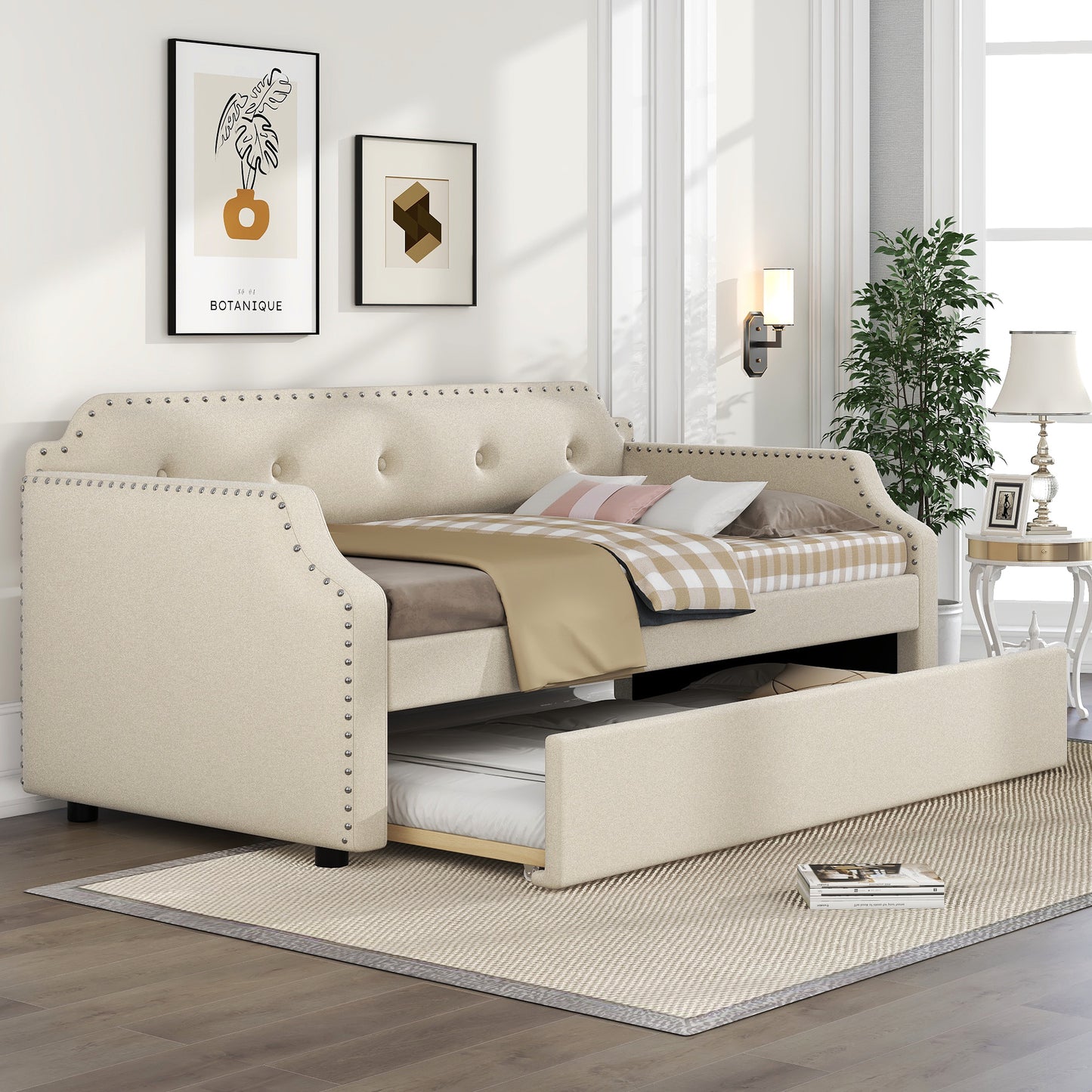 lizzy upholstered bed with trundle, beige