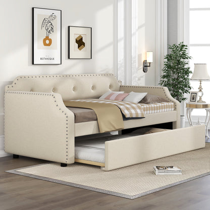 Lizzy Upholstered Bed with Trundle, Beige