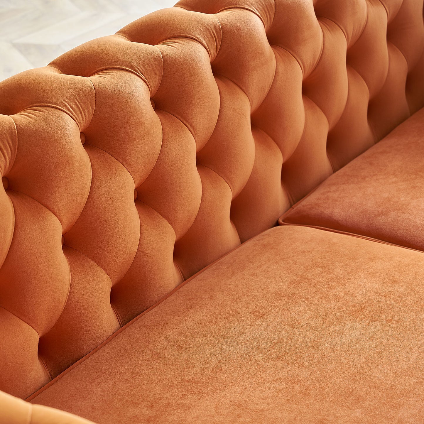 modern tufted velvet sofa, orange